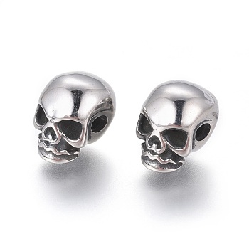 304 Stainless Steel Beads, Skull, Antique Silver, 11x8x10mm, Hole: 2.5mm
