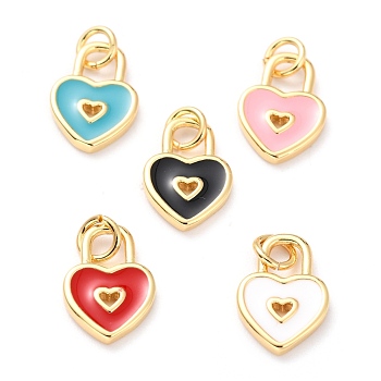Brass Enamel Pendants, Cadmium Free & Lead Free, Long-Lasting Plated, Heart Lock, Real 18K Gold Plated, Mixed Color, 13x9x1.5mm, Hole: 4.5mm