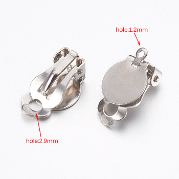 Brass Clip-on Earring Settings, with Round Flat Pad, Platinum, 17x10x7mm, Tray: 10mm, Hole: 1.2mm and 2.9mm