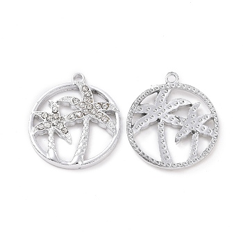Alloy Crystal Rhinestone Pendants, Flat Round with Coconut Tree Charms, Platinum, 25.5x22x2.5mm, Hole: 1.6mm