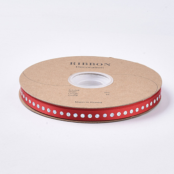 Polyester Single Face Satin Ribbon, with Single-Sided Sequins/Paillette, for Gift, Party Decorate, Red, 3/8 inch(10mm),  50yards/roll(45.7m/roll)