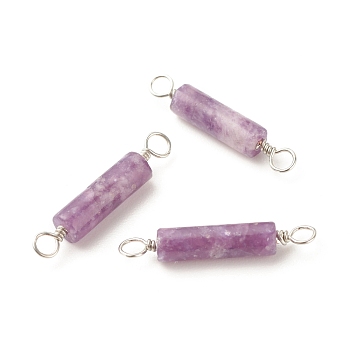 Natural Lilac JadeConnector Charms, with Platinum Tone Eco-Friendly Brass Wire Double Loops, Column, 23~24x4mm, Hole: 2~2.6mm 