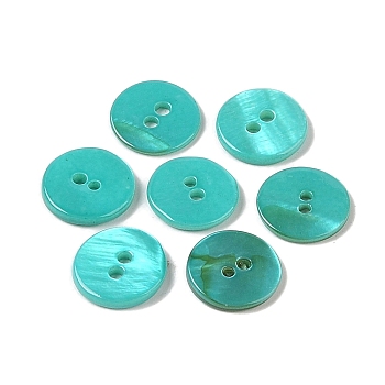 Spray Paint Natural Freshwater Shell Button, 2-Hole, Flat Round, Medium Turquoise, 11.5x1.5mm, Hole: 1.4mm