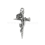 316 Surgical Stainless Steel Pendants, Cross with Rose Charm, Antique Silver, 33x17.5x4mm, Hole: 2.2mm(STAS-G349-36AS)