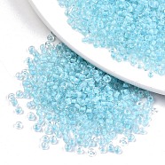 (Repacking Service Available) 8/0 Glass Seed Beads, Transparent Inside Colours, Round Hole, Round, Light Sky Blue, 8/0, 3~4x2~3mm, Hole: 0.8mm, about 400pcs/bag(SEED-C025-3mm-136)