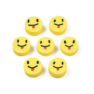 Handmade Polymer Clay Beads, Flat Round with Expression, Yellow, 9~10x4~5mm, Hole: 1.6mm(CLAY-N008-065-A09)