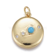 Brass Micro Pave Cubic Zirconia Pendants, with Synthetic Turquoise, Long-Lasting Plated, Flat Round, Real 18K Gold Plated, 19x16x5mm, Jump Rings: 5x1mm, Inner Diameter: 3mm(ZIRC-M108-25A-G)