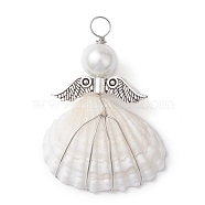 Copper Wire Wrapped Shell Pendants, Angel Charms with Glass Pearl Beads & Alloy Wings, Antique Silver & Platinum, 40x28x9.5mm, Hole: 4.2mm(PALLOY-JF02709-01)