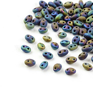 2-Hole Seed Beads, Czech Glass Beads, Blue Plated, 5x3.5x3mm, Hole: 0.5mm, about 5850pcs/bag, 450g/bag(GLAA-R159-M604)