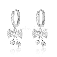 Clear Cubic Zirconia Bowknot Dangle Hoop Earrings, Brass Earrings, Platinum, 26x10mm(EJEW-OY001-15P)