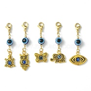 Tibetan Style Alloy Pendant Decorations, Evil Eye Resin Bead and 304 Stainless Steel Lobster Claw Clasps Charms, Mixed Shapes, Antique Golden, 50~59mm(HJEW-JM01219)