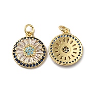 Rack Plating Brass Micro Pave Cubic Zirconia Pendants, with Glass & Jump Ring, Long-Lasting Plated, Lead Free & Cadmium Free, Flat Round Charm, Real 18K Gold Plated, 17.5x15x3mm, Hole: 3mm(KK-F853-22G)