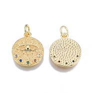 Brass Pave Cubic Zirconia Pendants, with Jump Rings, Nickel Free, Real 18K Gold Plated, Flat Round with Eye, Colorful, 18x15.5x2mm, Jump Ring: 6x1mm, 4mm inner diameter(KK-N231-348C-01)