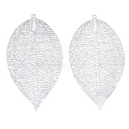 304 Stainless Steel Filigree Big Pendants, Etched Metal Embellishments, Leaf, Stainless Steel Color, 60x33x0.3mm, Hole: 1.6mm(X-STAS-S108-38P)