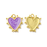 Rack Plating Brass Enamel Pendants, with Jump Ring, Lead Free & Cadmium Free, Heart Charm, Real 18K Gold Plated, Lilac, 19x18x3mm, Hole: 3.5mm(KK-D074-03G-05)