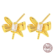Butterfly 925 Sterling Silver with Clear Cubic Zirconia Stud Earring Findings, for Half Drilled Beads, with S925 Stamp, Real 18K Gold Plated, 8x9mm, Pin: 10x0.7mm and 0.7mm(STER-Q192-06G)