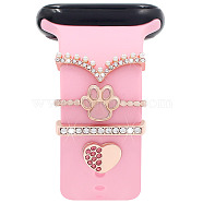 Rectangle Alloy Watch Band Charms Set with Crystal Rhinestone, Watch Band Studs Decorative Ring Loops, Pink, 2.2x0.35cm, 4pcs/set(PW-WG37160-01)