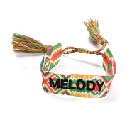Word Melody Polycotton(Polyester Cotton) Braided Bracelet with Tassel Charm, Flat Adjustable Wide Wristband for Couple, Colorful, Inner Diameter: 2~3-1/8 inch(5~8cm)(BJEW-F429-04)