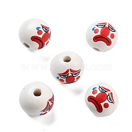 Printed Wood European Beads, Round with Clown Pattern, White, 19~20mm, Hole: 4~5mm(WOOD-G022-06J)