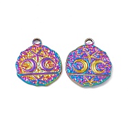 Ion Plating(IP) 304 Stainless Steel Pendants, Textured, Flat Round with Moon & Star, Rainbow Color, 24x20x2mm, Hole: 2.8mm(STAS-B031-28R)
