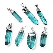 Natural Quartz Pointed Pendants, with Brass Findings, Dyed, Bullet, Platinum, Turquoise, 30~45x7~12x6~11mm, Hole: 7x2mm(G-Q481-68B)
