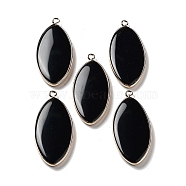 Natural Obsidian Pendants, Light Gold Plated Brass Horse Eye Charms, 44.5~45x20.5~21x4mm, Hole: 2mm(G-G063-03C)