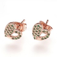 Brass Ear Studs, with Cubic Zirconia, Lead Free & Cadmium Free & Nickel Free, Heart, Green, Rose Gold, 7x8x2mm, Pin: 0.8mm(EJEW-P157-08RG-NR)