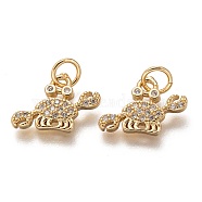 Brass Micro Pave Clear Cubic Zirconia Charms, Long-Lasting Plated, with Jump Ring, Crab, Golden, 10x14x2mm, Jump Ring: 5x1mm, 3mm Inner Diameter(ZIRC-C020-41G)