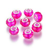 Handmade Glass European Beads, Large Hole Beads, Silver Color Brass Core, Magenta, 14x8mm, Hole: 5mm(GPDL25Y-75)