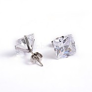 Square Cubic Zirconia Stud Earrings, with 304 Stainless Steel Pins, Clear, 9.5x9mm, Pin: 0.9mm(X-EJEW-H306-09P-9mm)