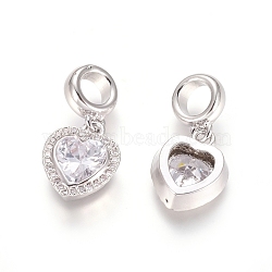 Brass Micro Pave Cubic Zirconia European Dangle Charms, Large Hole Pendants, Heart, Clear, Platinum, 22mm, Hole: 5mm(ZIRC-E163-18P)