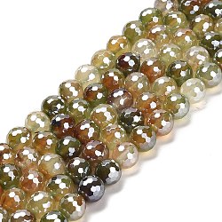 Electroplated Natural Agate Round Beads Strands, Dyed & Heated, Faceted(128 Facets), Olive Drab, 8mm, Hole: 1.2mm, about 46pcs/strand, 14.96 inch(38cm)(G-L598-A01-02A)