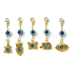 Tibetan Style Alloy Pendant Decorations, Evil Eye Resin Bead and 304 Stainless Steel Lobster Claw Clasps Charms, Mixed Shapes, Antique Golden, 50~59mm(HJEW-JM01219)