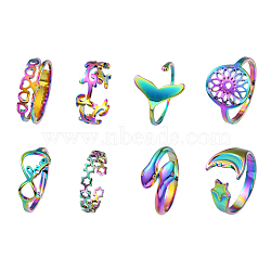 8Pcs 8 Style Heart & Infinity & Whale Tail & Snake 304 & 201 Stainless Steel Cuff Rings Set for Women, Rainbow Color, Inner Diameter: 16.5~17.7mm, 1Pc/style(RJEW-FS0001-04)