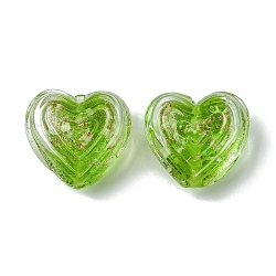 Luminous Handmade Gold Sand Lampwork Beads, Glow in the Dark, Heart, Lime Green, 19x21x12mm, Hole: 1.5mm(FOIL-B001-01E)