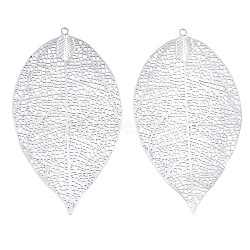 304 Stainless Steel Filigree Big Pendants, Etched Metal Embellishments, Leaf, Stainless Steel Color, 60x33x0.3mm, Hole: 1.6mm(X-STAS-S108-38P)