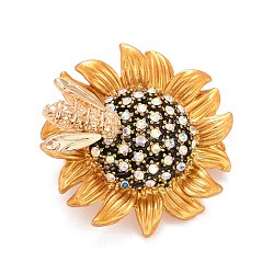 Sunflower and Bee Crystal Rhinestone Badge, Alloy Lapel Pin for Backpack Clothes, Golden, 29x6.5mm, Pin: 0.7mm(JEWB-E013-01G)