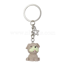 Resin Dog Pendant Keychain, with Iron Rings and Alloy Star Charm, Dark Khaki, 8.3cm, Dog: 29x22x22mm(KEYC-JKC00564-04)