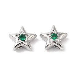 Brass with Cubic Zirconia Beads Beads, Real Platinum Plated, Star, Green, 7.5x8x3mm, Hole: 1mm(KK-K333-29P-01)