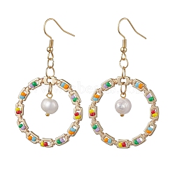 Golden 304 Stainless Steel Ring Dangle Earrings, Natural Pearl & Glass Seed Drop Earrings, Colorful, 58.5x32.5mm(EJEW-MZ00126)