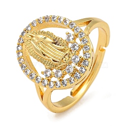 Oval with Saint Rack Plating Brass Micro Pave Cubic Zirconia Adjustable Rings, Lead Free & Cadmium Free, Real 18K Gold Plated, US Size 6(16.5mm), Surface: 15x13mm(RJEW-I105-04G-02)