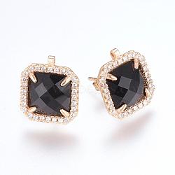 Brass Micro Pave Cubic Zirconia Stud Earring Findings, with Loop, Glass, Square, Golden, Black, 17mm, Hole: 0.5mm, Pin: 0.8mm(ZIRC-G116-29-B01)