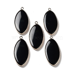 Natural Obsidian Pendants, Light Gold Plated Brass Horse Eye Charms, 44.5~45x20.5~21x4mm, Hole: 2mm(G-G063-03C)