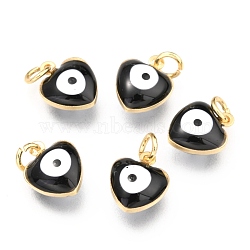 Brass Enamel Beads, Real 18K Gold Plated, Long-Lasting Plated, with Jump Ring, Triangle with Evil Eye, Black, 10x8x4mm, Hole: 2.5mm(KK-B024-01G-B)