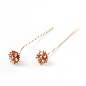 Brass Micro Pave Clear Cubic Zirconia Flower Head Pins, Light Gold, 50mm, Pin: 21 Gauge(0.7mm)