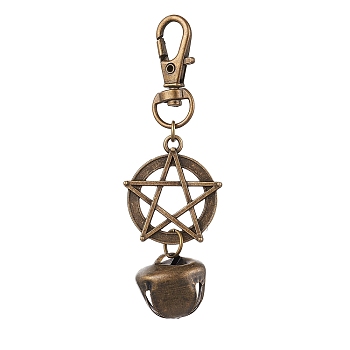 Iron Bell Pendant Decoration, Swivel Lobster Claw Clasps and Alloy Star Charms for Bag Ornaments, Antique Bronze, 82mm