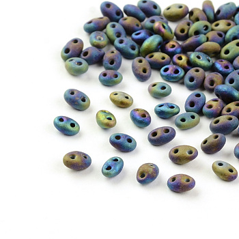 2-Hole Seed Beads, Czech Glass Beads, Blue Plated, 5x3.5x3mm, Hole: 0.5mm, about 5850pcs/bag, 450g/bag