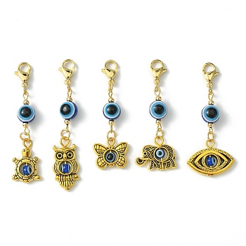Tibetan Style Alloy Pendant Decorations, Evil Eye Resin Bead and 304 Stainless Steel Lobster Claw Clasps Charms, Mixed Shapes, Antique Golden, 50~59mm