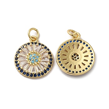 Rack Plating Brass Micro Pave Cubic Zirconia Pendants, with Glass & Jump Ring, Long-Lasting Plated, Lead Free & Cadmium Free, Flat Round Charm, Real 18K Gold Plated, 17.5x15x3mm, Hole: 3mm