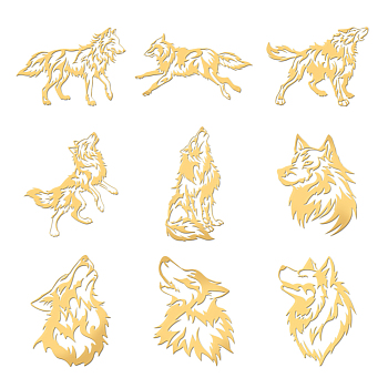 Nickel Decoration Stickers, Metal Resin Filler, Epoxy Resin & UV Resin Craft Filling Material, Golden, Wolf, 40x40mm, 9pcs/set